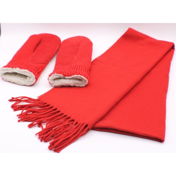 Isotoner and Dillards Accessories - Isotoner Red Knit Mittens and Dillard Large Scarf Matching Set Lined Fleece Vtg